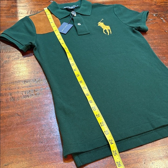 Vintage Ralph Lauren Suede Patch Big Pony Logo Polo Top Dark Green Small NWT - Picture 8 of 10
